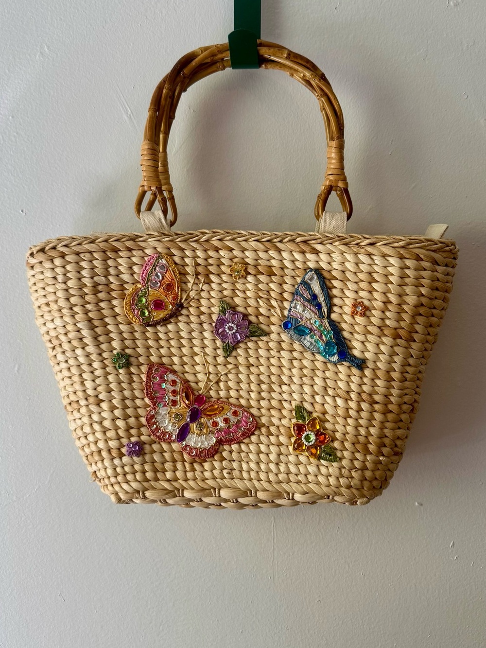 Cappelli Straworld Natural Straw Tote Colorful Embellished Butterflies 15x9” - Picture 2 of 16